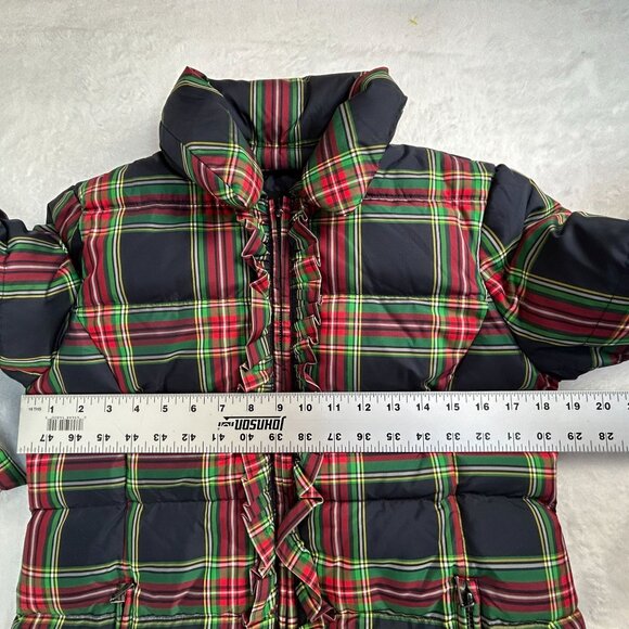 Talbots Womens Plaid Tartan Ruffle Accent Puffer Jacket Small Navy/Green Pockets - Picture 7 of 8